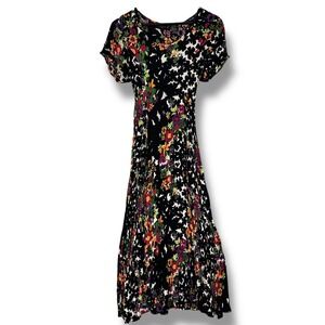 Lola P Midi Dress Black Floral Crinkle Fabric Short Sleeve Womens Small